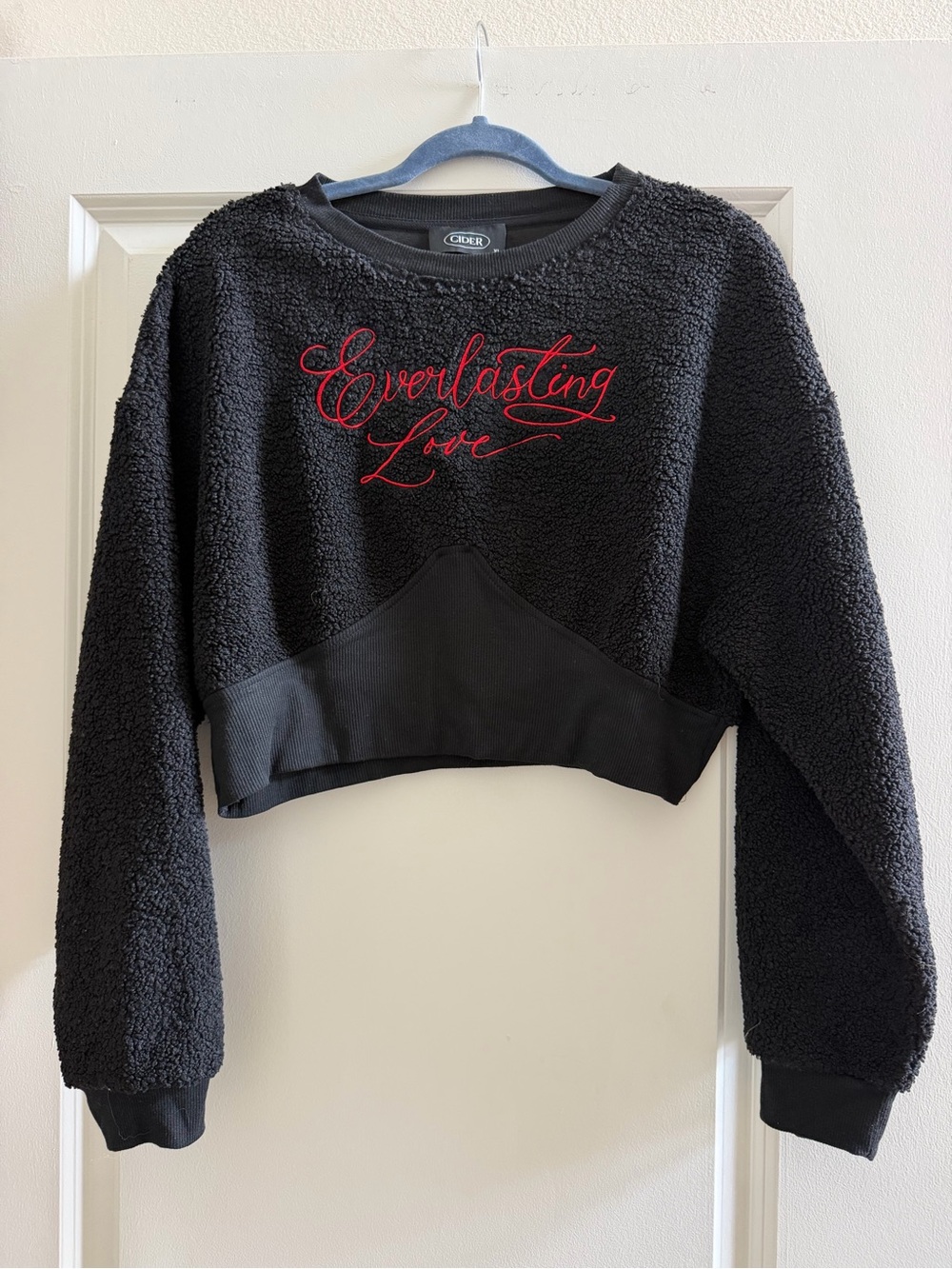 Cider Black Sherpa Cropped Sweatshirt with Red Script